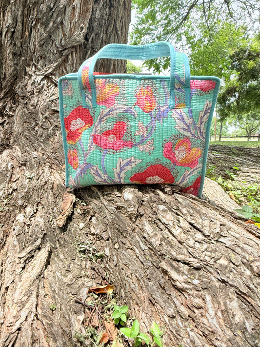 Aqua Floral Cotton Mini Tote Bag with Zipper & Tassel