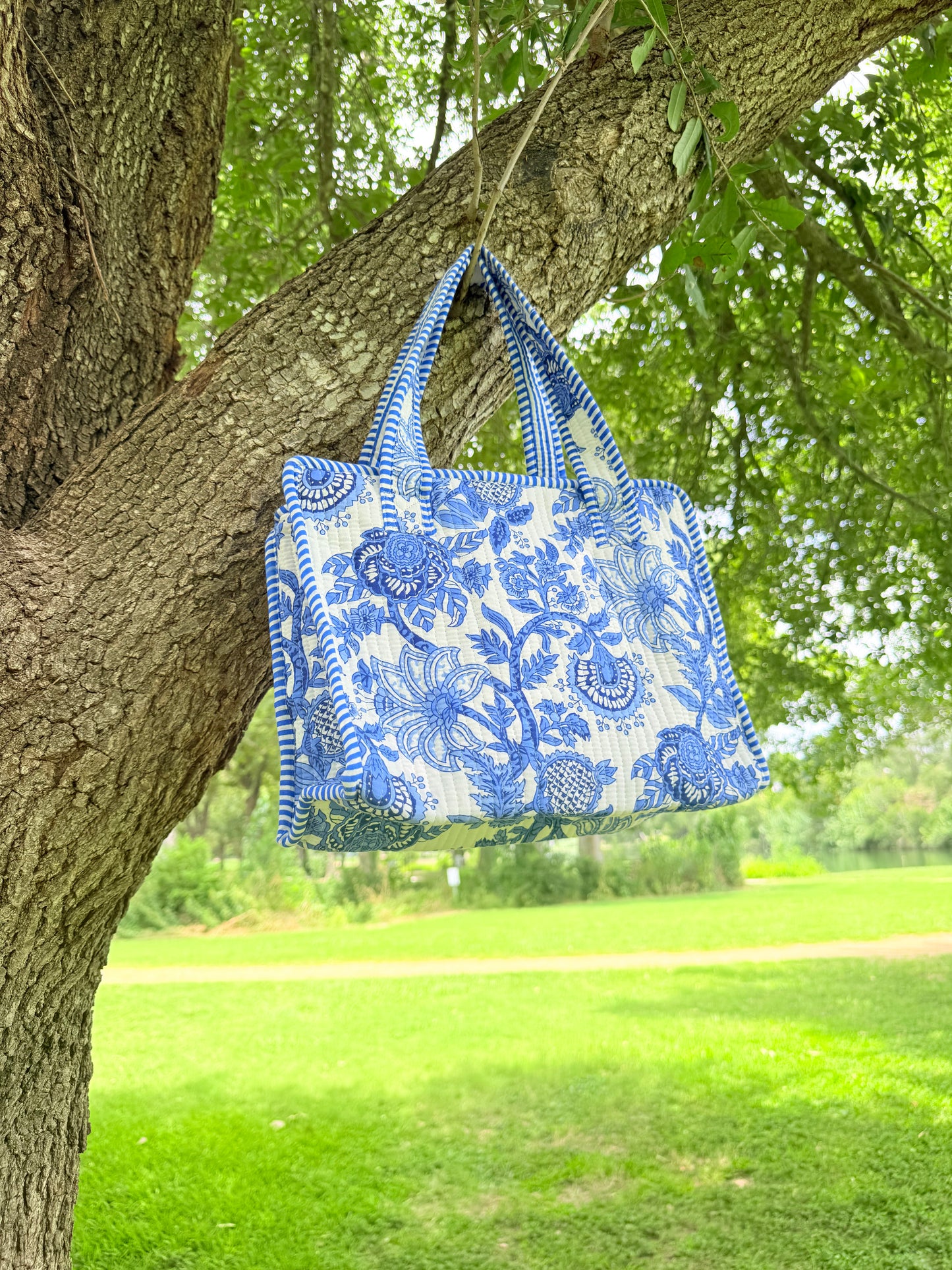 Mini Tote Bag – Blue Floral Cotton Tote with Zipper