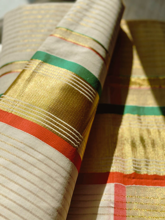 kerala kasavu onam Saree in USA 2025-Kerala Saree in Red & Green