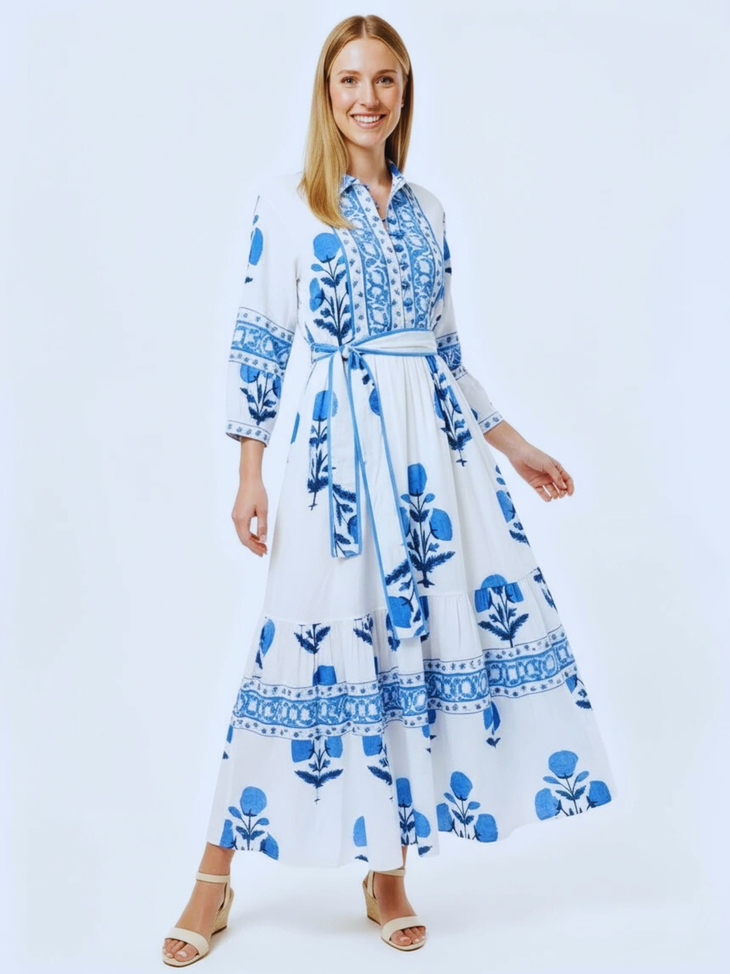 Ira Midi Dress: White & Blue