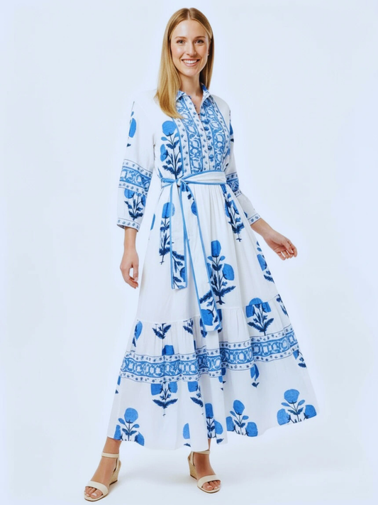Ira Midi Dress: White & Blue