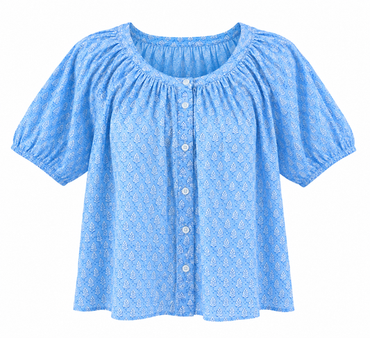Sky Blue hand block printed cotton blouse with gathered neckline, button front and puff sleeves by Moksha looms

