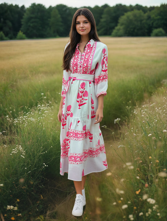 Woman in a white dress with pink floral patterns standing in a field.