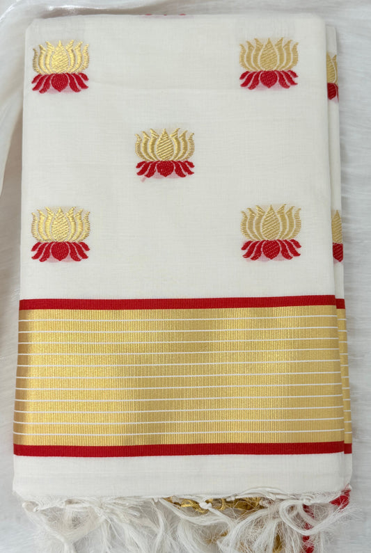 Pure Handloom Kerala  Red lotus kasavu saree