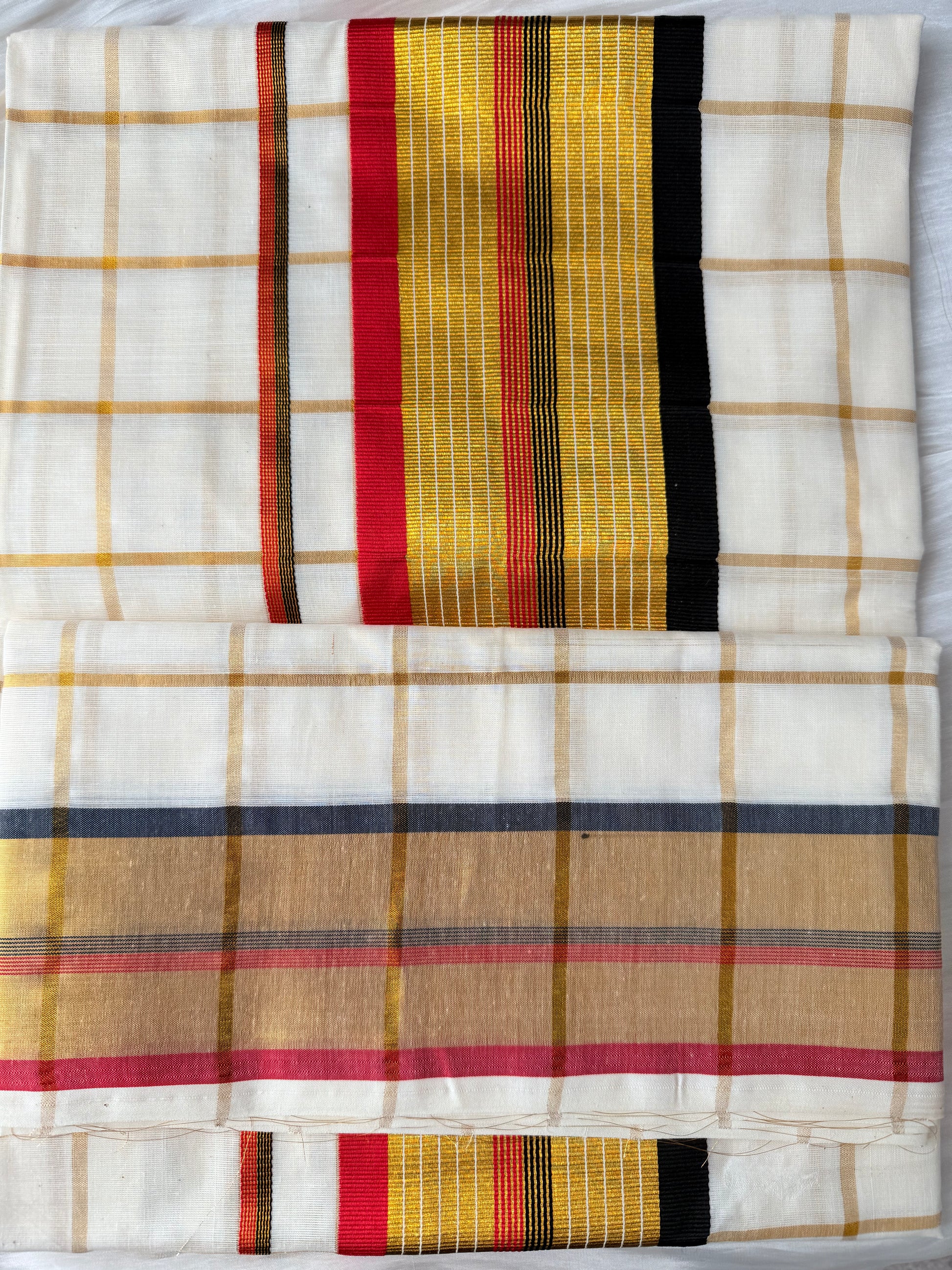 Kerala saree red black checked pattern