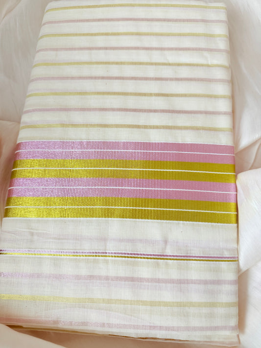 Kerala saree with pink and green stripes