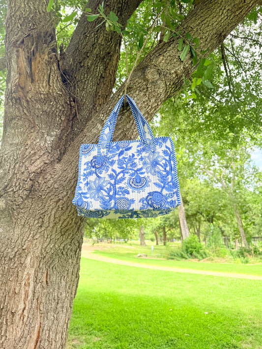 Mini Tote Bag – Blue Floral Cotton Tote with Zipper