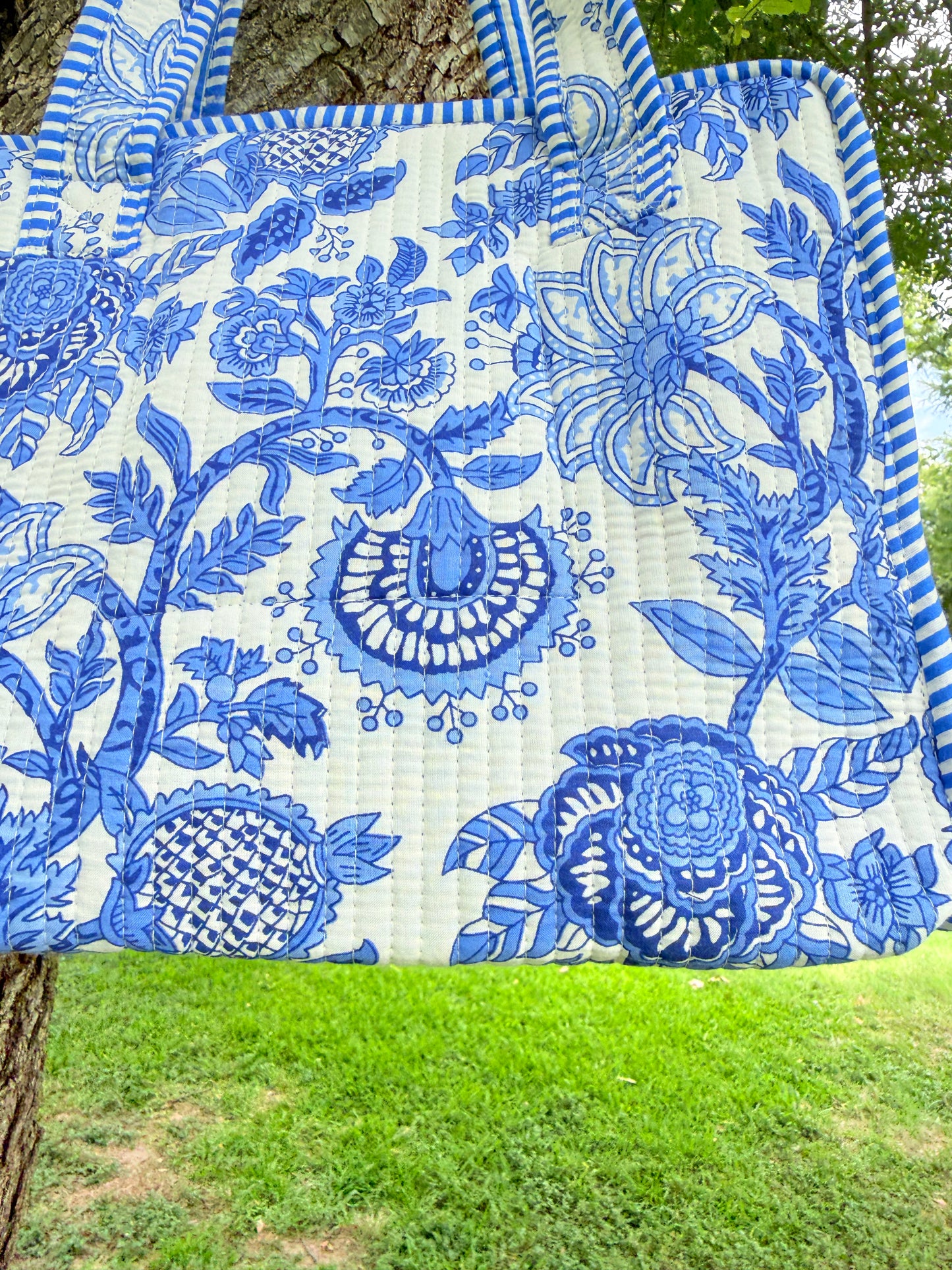 Mini Tote Bag – Blue Floral Cotton Tote with Zipper