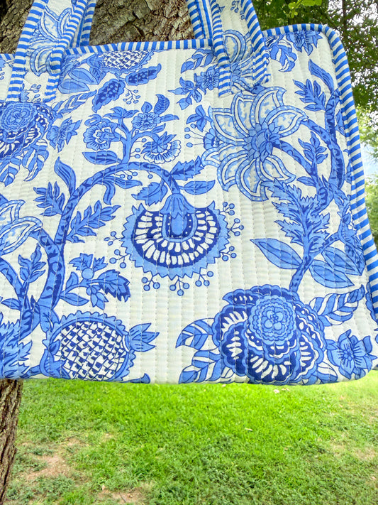 Mini Tote Bag – Blue Floral Cotton Tote with Zipper
