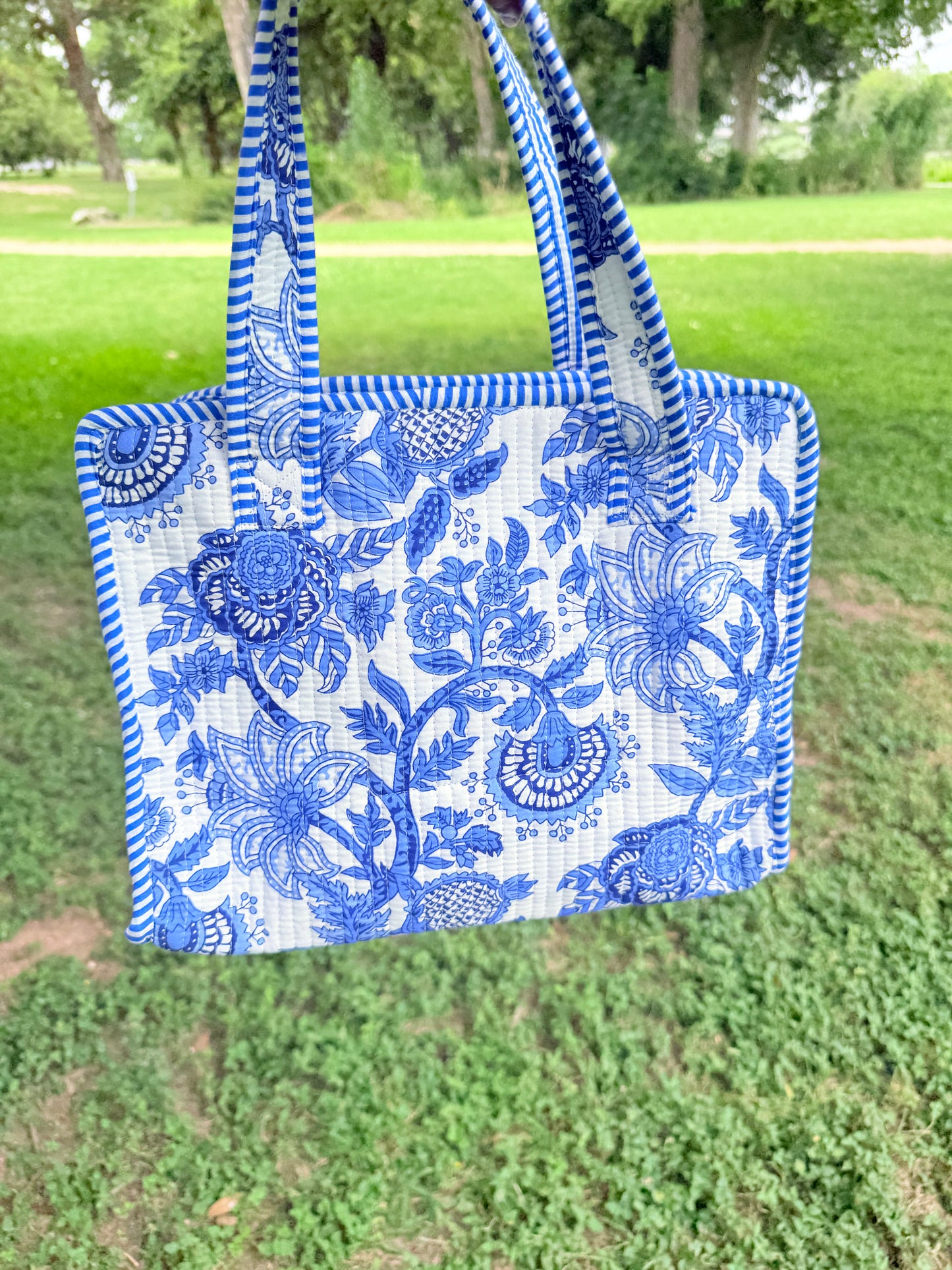 Mini Tote Bag – Blue Floral Cotton Tote with Zipper