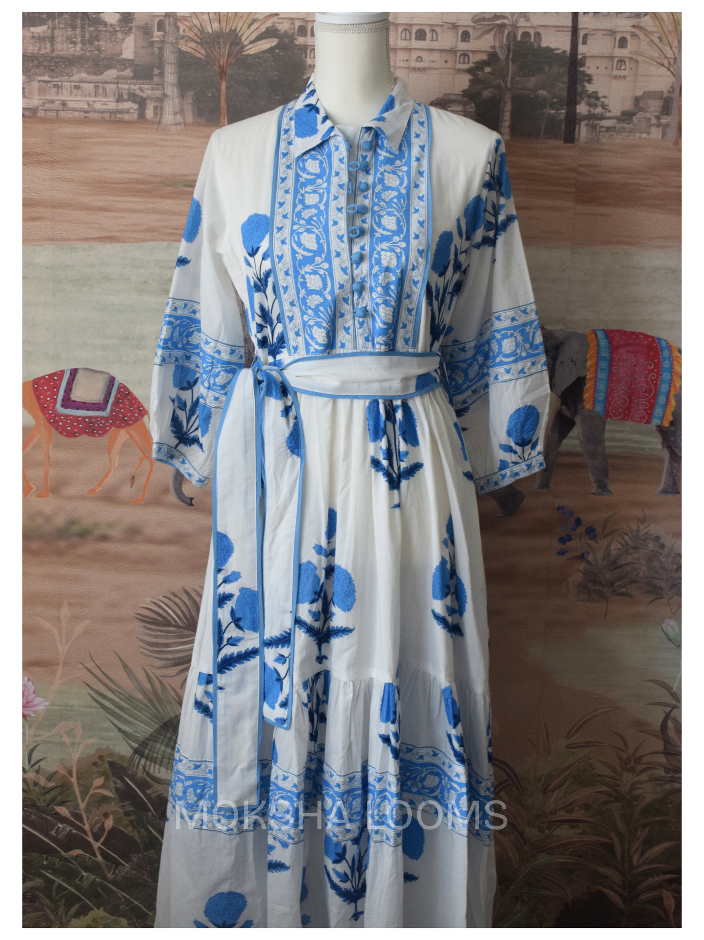 Ira Midi Dress: White & Blue