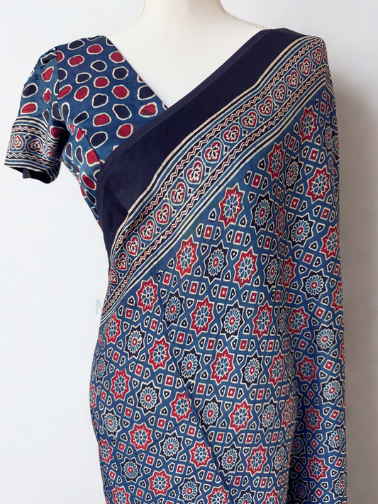 Ajrakh Indigo  Modal Silk Saree