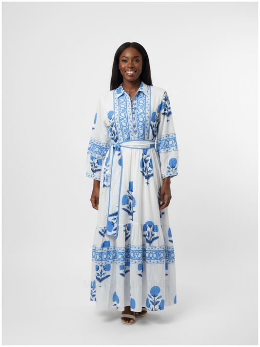 Ira Midi Dress: White & Blue