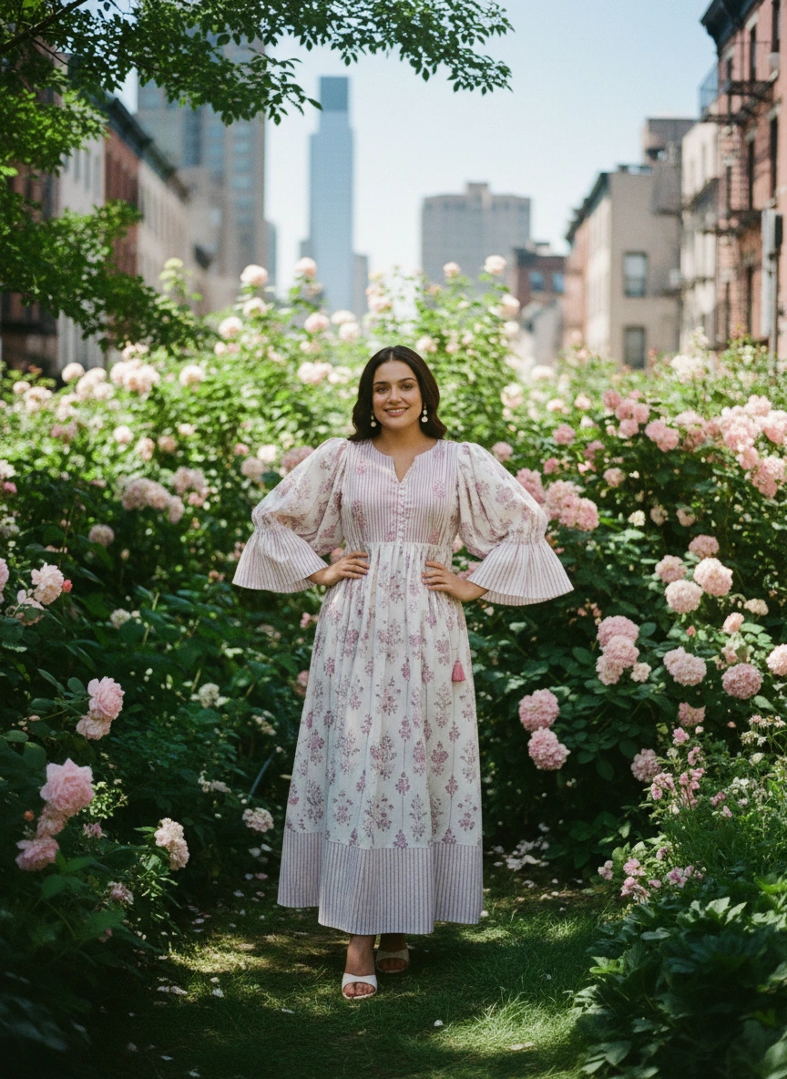 Woman in a floral dress standing in a garden with pink flowers and city skyline in the background