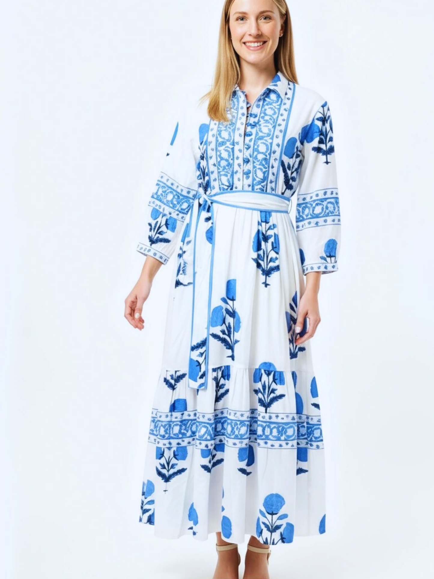 Ira Midi Dress: White & Blue