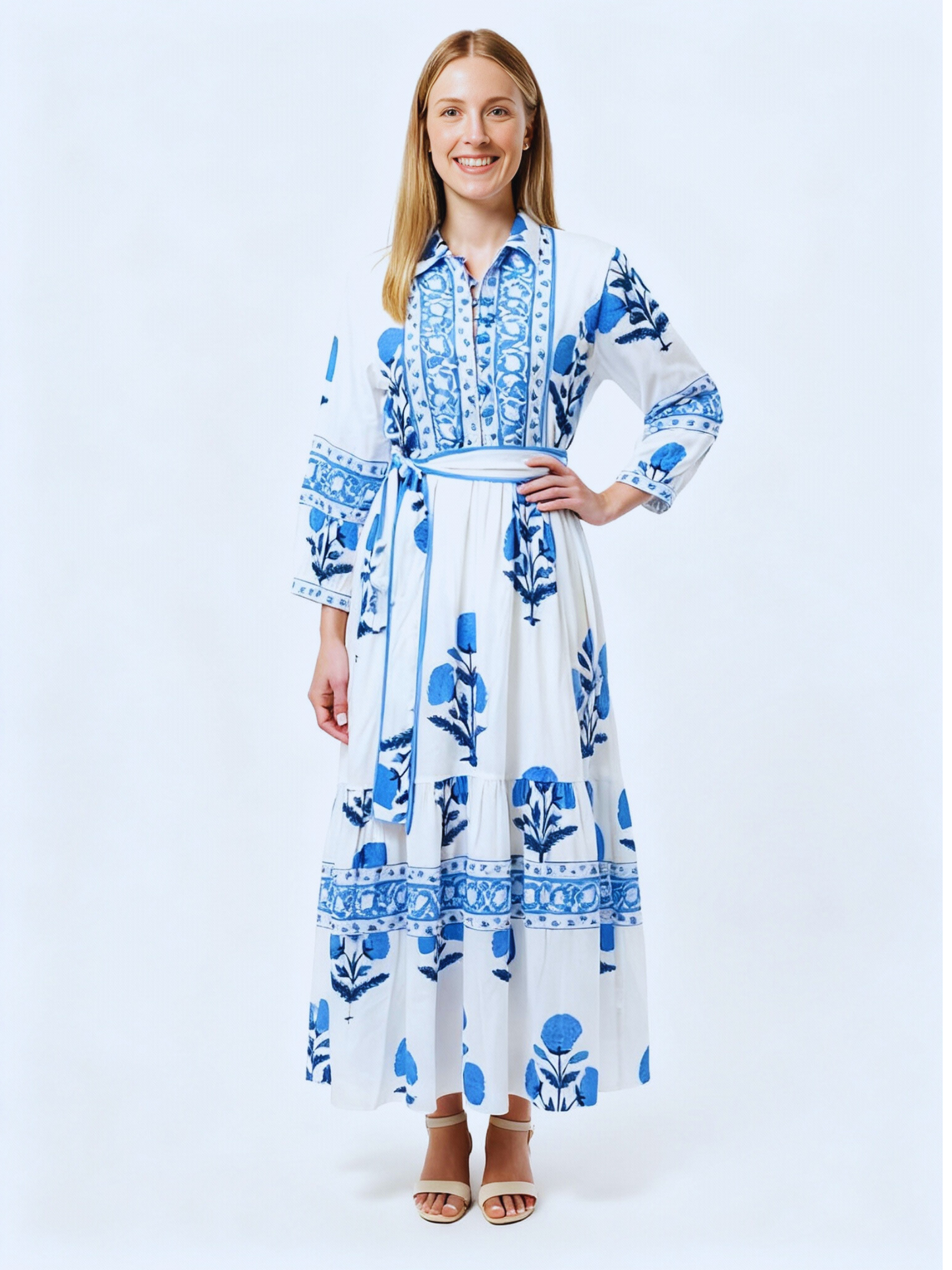 Ira Midi Dress: White & Blue