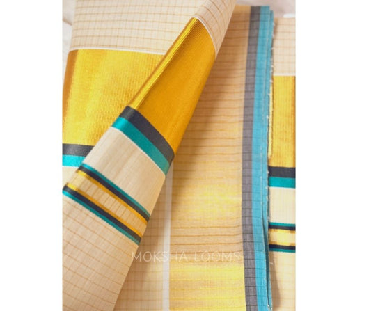 Kerala Kasavu tissue saree in checkers for Onam