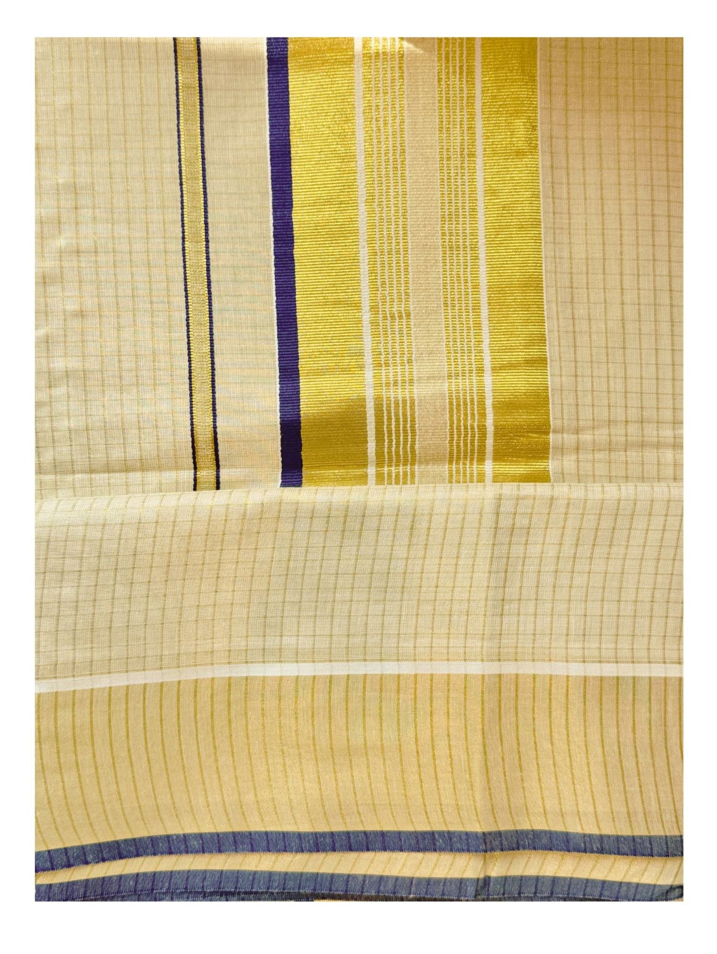 Kerala saree in Yellow and beige striped fabric with blue accents on a white background